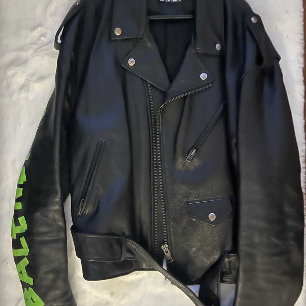 Balenciaga Black Leather Jacket with Green Lettering